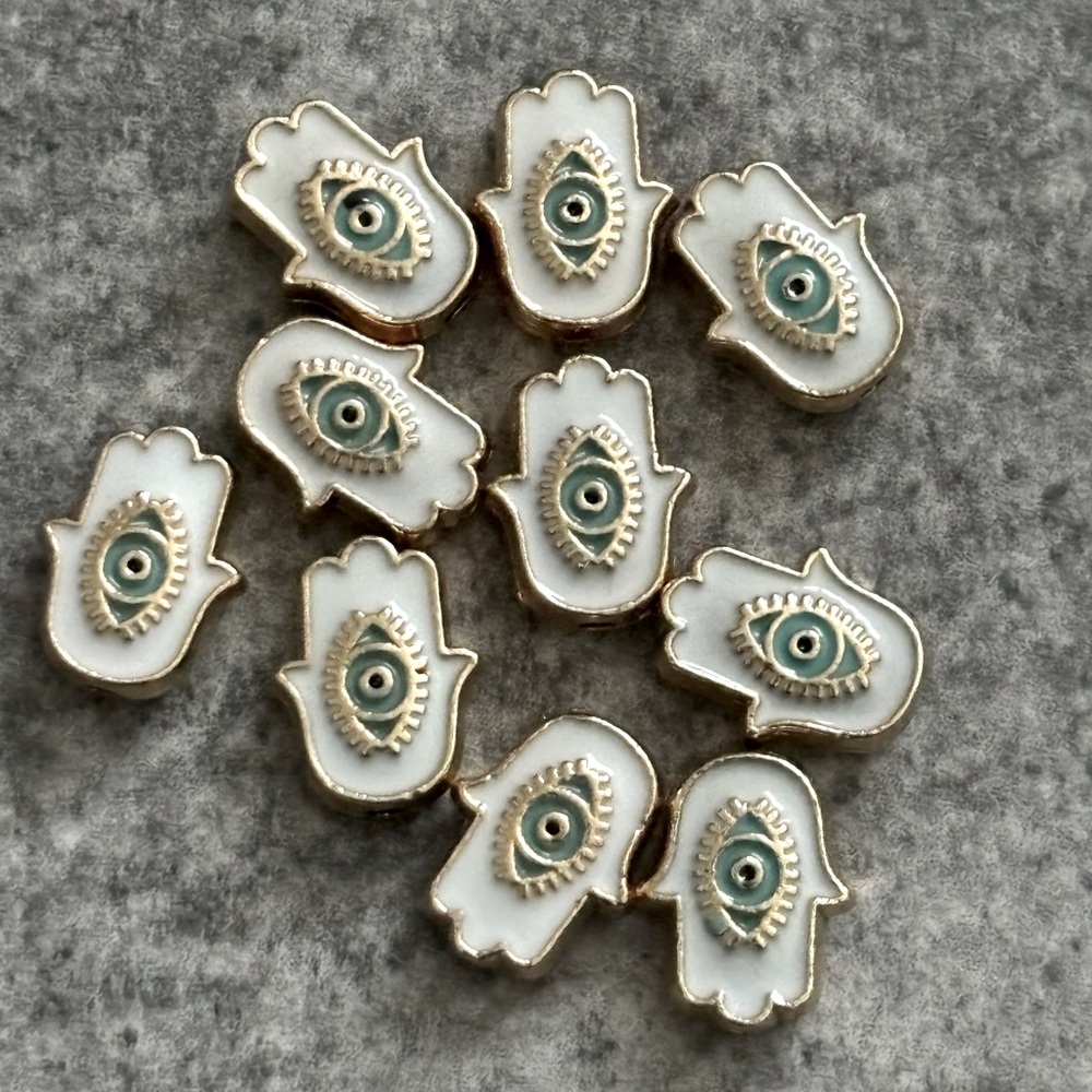 Evil Eye Hamsa Charms – White & Gold with Teal Eye New